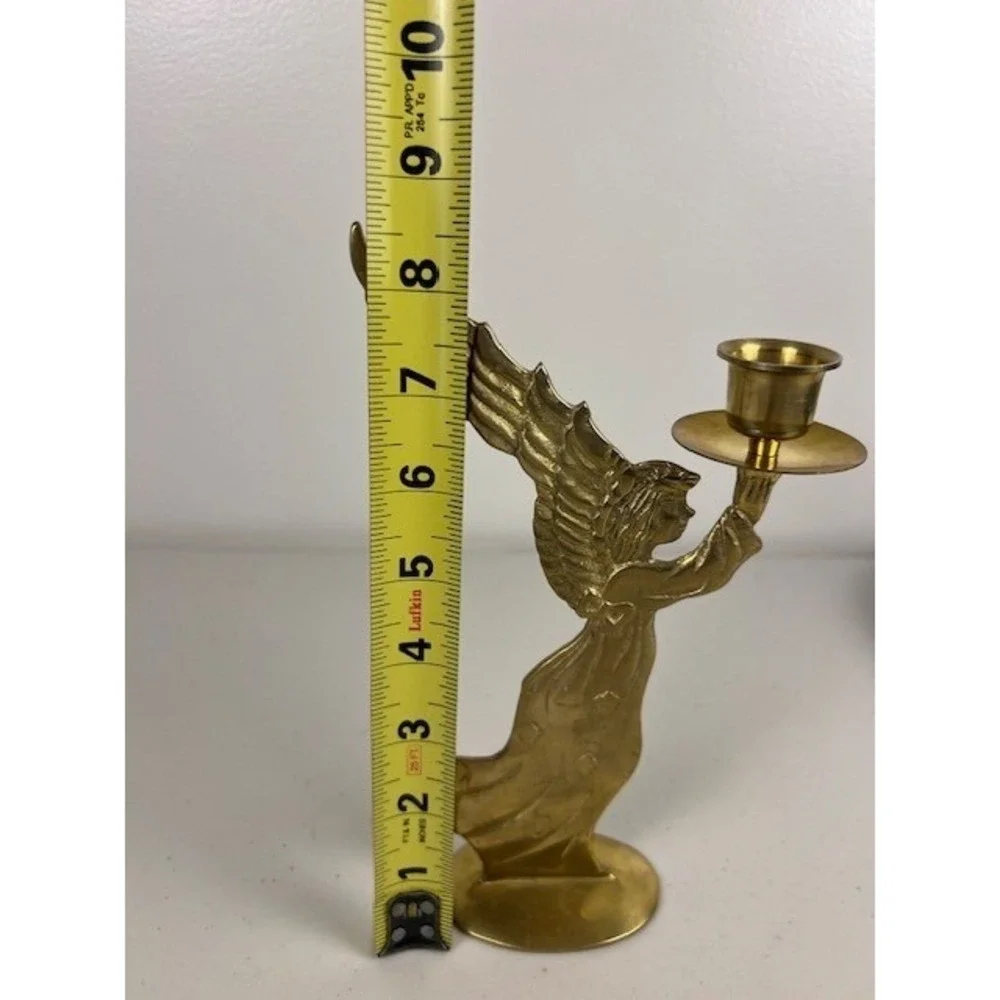 Vintage Solid Brass Angel Candlestick Holder Gold Tone Winged Celestial 8.5 inch